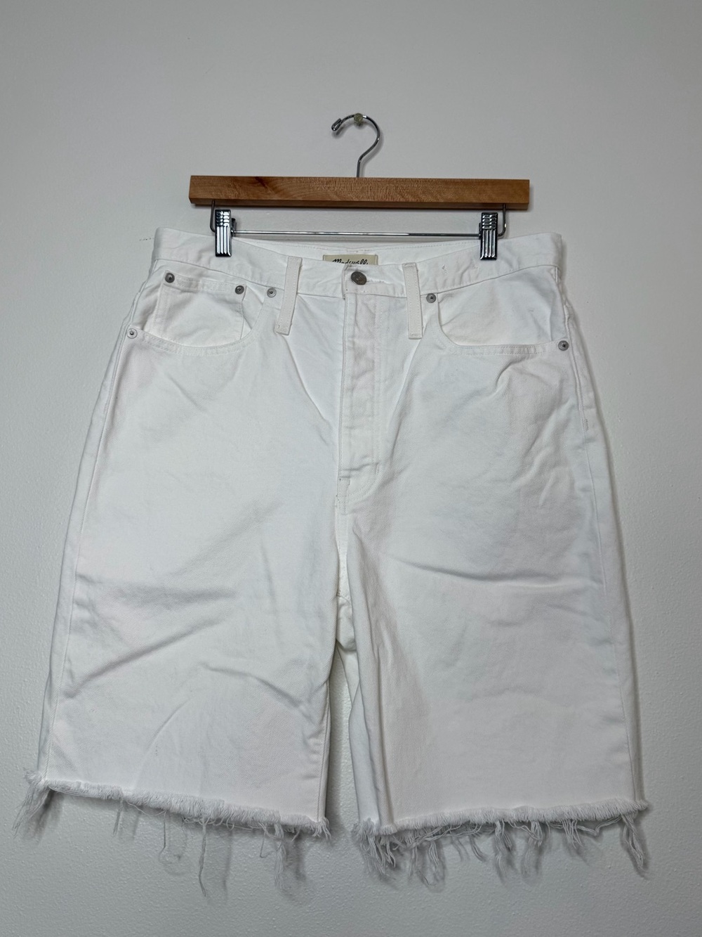 Madewell High Rise Long Denim Bermuda Shorts in white cut off 100% cotton 30